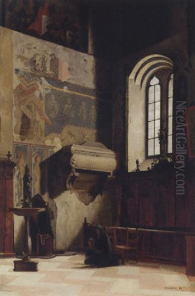 Figures Praying In A Church, Palermo Oil Painting by Josef Theodor Hansen