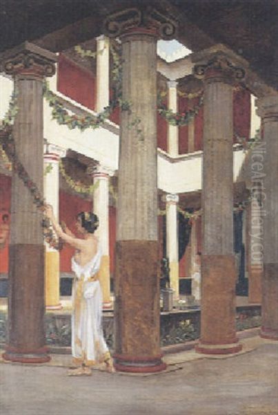 Parti Fra Pompeji Med Ung Pige, Der Pynter Op Med Blomsterguirlander Oil Painting by Josef Theodor Hansen