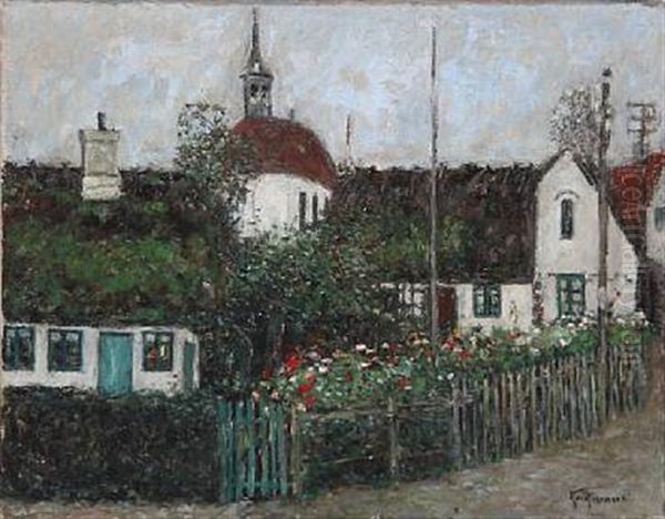 Village Street With Flowers In A Garden Oil Painting by Knut Hansen