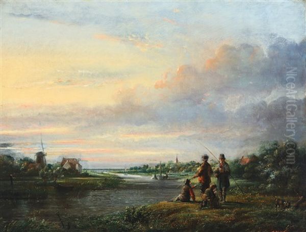 Two Men Fishing Along A River With Their Two Boys Oil Painting by Lambertus Johannes Hansen