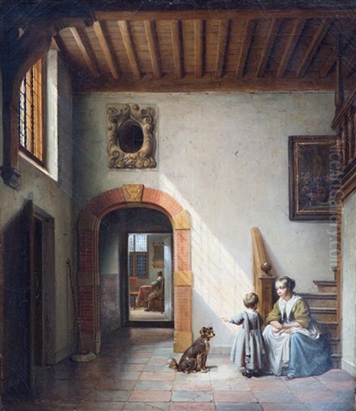 Old Dutch Interior With Woman And Child In A Hall Oil Painting by Lambertus Johannes Hansen