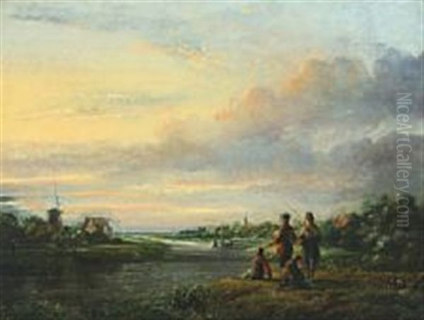 Two Men Fishing Along A River With Their Two Boys Oil Painting by Lambertus Johannes Hansen