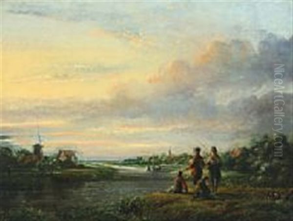 Two Men Fishing Along A River With Their Two Boys Oil Painting by Lambertus Johannes Hansen