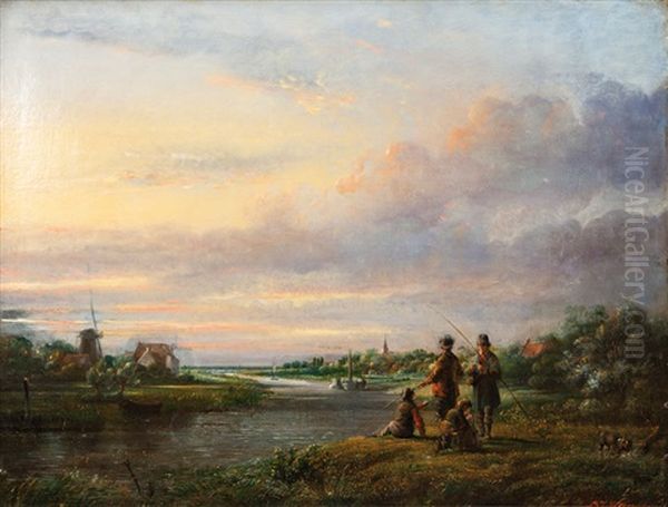 River Landscape With Paddle Steamer And Anglers Oil Painting by Lambertus Johannes Hansen