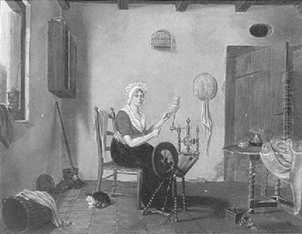 Een Vrouw Aan Het Spinnewiel Oil Painting by Lambertus Johannes Hansen