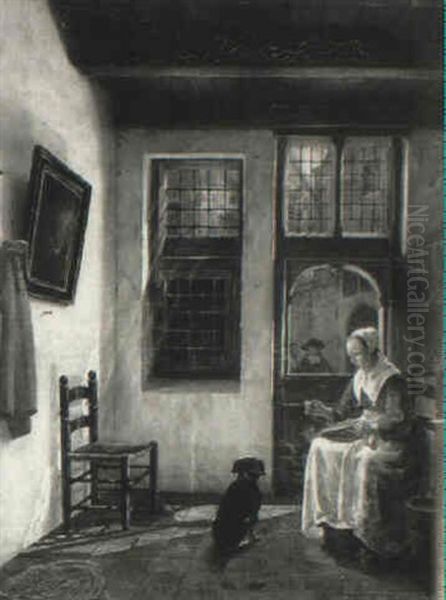 Woman Sewing In An Interior Oil Painting by Lambertus Johannes Hansen