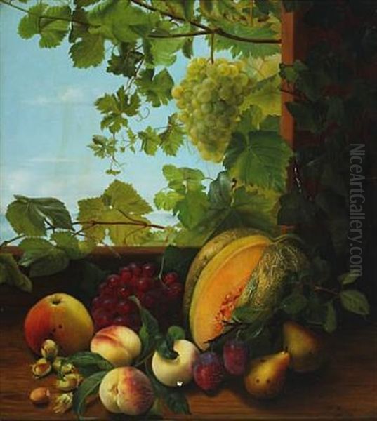 Still Life With Melon, Peaches, Plums And Grapes Oil Painting by Mathias Vilhelm Hansen