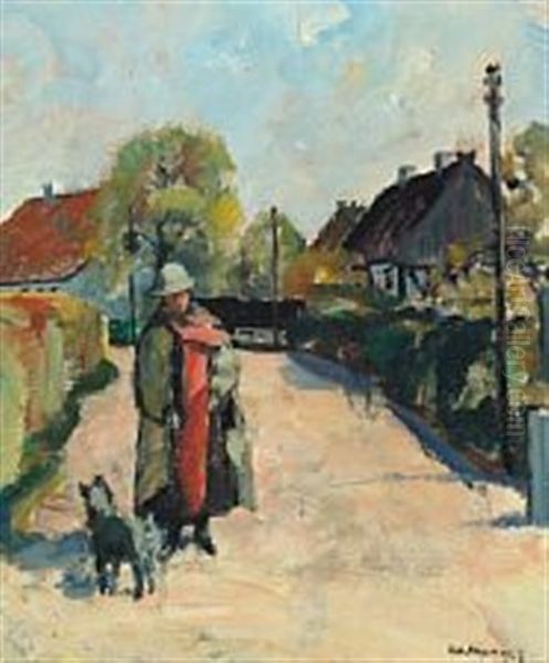 Village Street With Woman And Dog Oil Painting by Niels Hansen