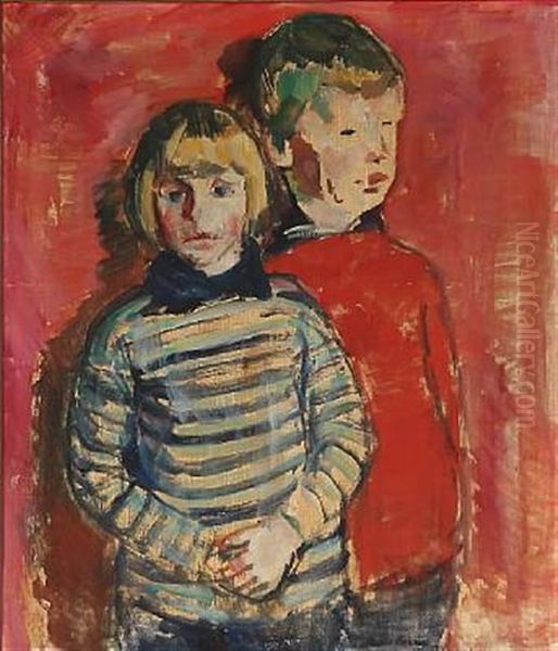 Portrait Of Two Children Oil Painting by Niels Hansen