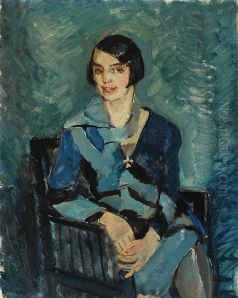 Woman In A Blue Dress Sitting In A Chair Oil Painting by Niels Hansen