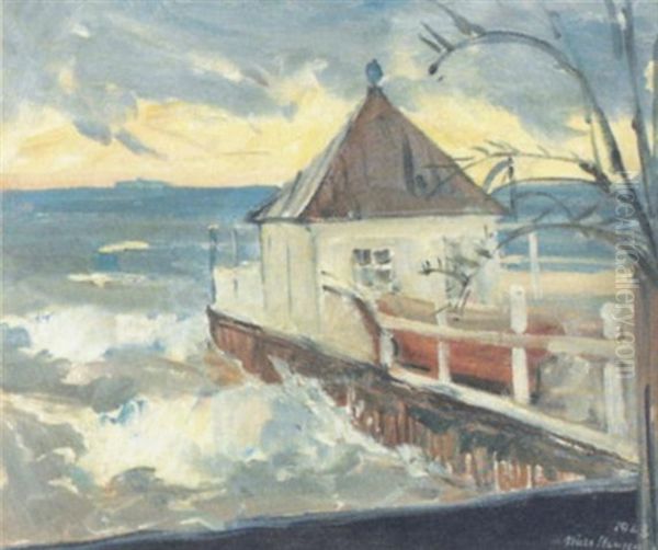 Kystparti Med Badhus, Thuro Oil Painting by Niels Hansen