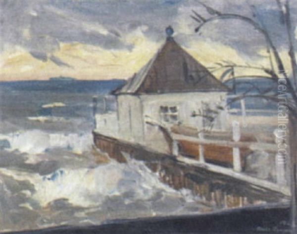 Kystparti Med Badhus Oil Painting by Niels Hansen