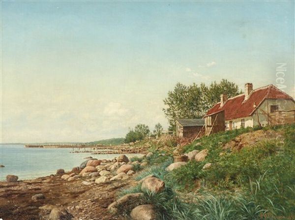 Costal Scenery With Fishermen's Houses Oil Painting by Niels Christian Hansen