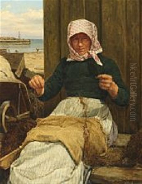 Fisherman's Wife At Tending Nets Oil Painting by Niels Christian Hansen