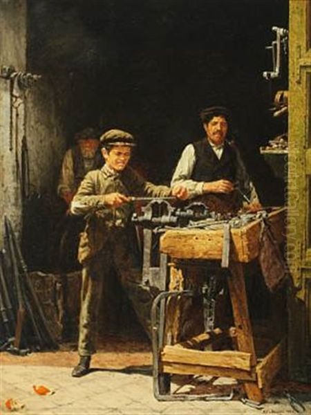 A Blacksmith's Workshop Oil Painting by Niels Christian Hansen