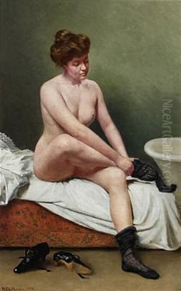 Efter Morgen Toilettet (nude Female Model Sitting On A Bed) Oil Painting by Niels Christian Hansen