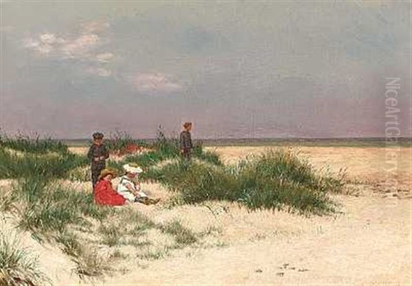 Strandparti Med Born I Klitterne (skagen?) Oil Painting by Niels Christian Hansen