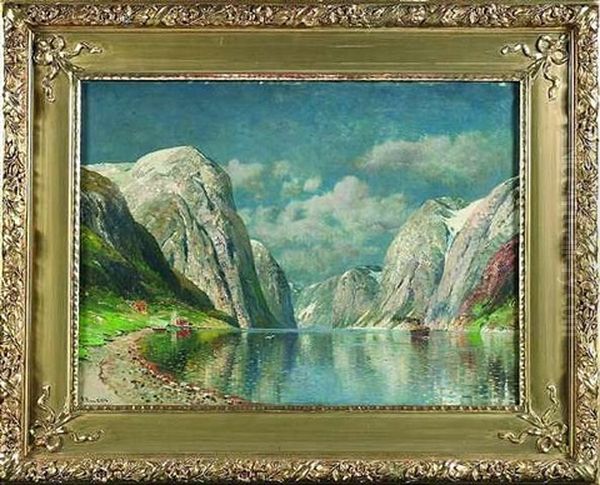 Sommerliche Fjordlandschaft Mit Einem Dampfschiff Zwischen Den Gewaltigen Bergen Oil Painting by Niels Christian Hansen