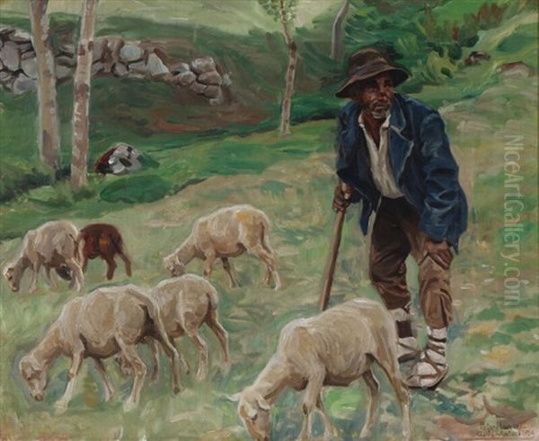 An Italian Shepherd Wit His Flock Oil Painting by Peter Marius Hansen