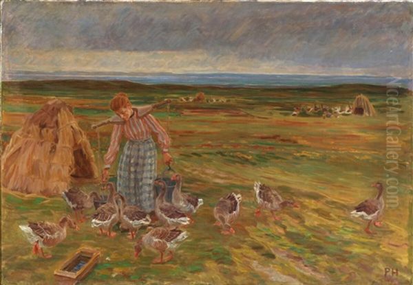 Landscape From Faaborg With A Young Woman Feeding The Geese by Peter Marius Hansen