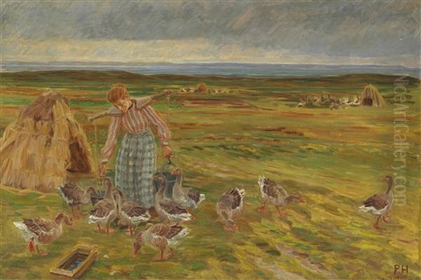 Landscape From Faaborg With A Young Woman Feeding The Geese Oil Painting by Peter Marius Hansen