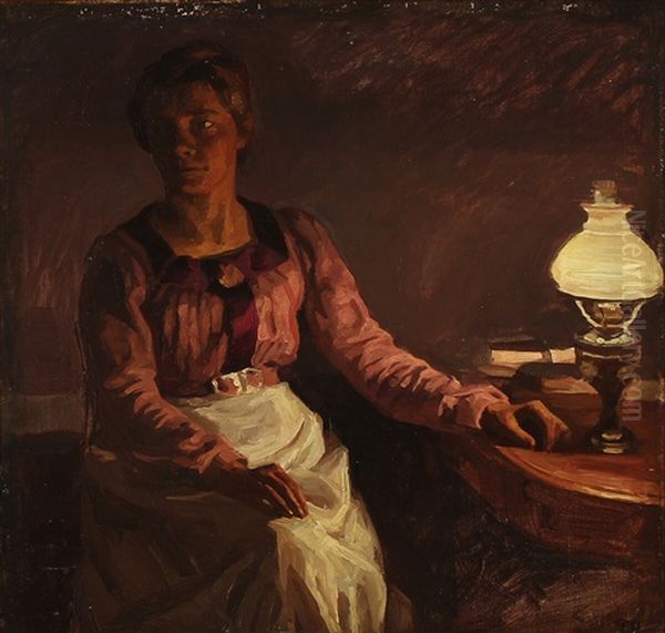 Interior With A Seated Woman Partly Lit Up By Lamplight Oil Painting by Peter Marius Hansen