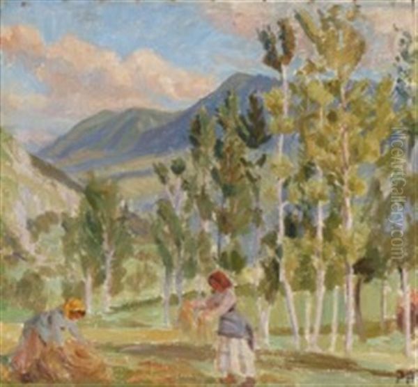 Italian Landscape With Two Girls Collecting Hay Oil Painting by Peter Marius Hansen