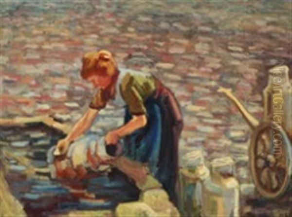 A Woman Washing A Milkcan Oil Painting by Peter Marius Hansen