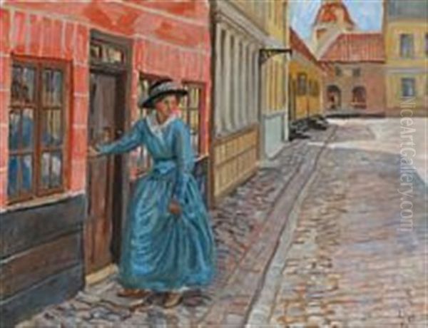 Street View With The Artist Anna Syberg Entering Her Home, Faaborg, Denmark Oil Painting by Peter Marius Hansen