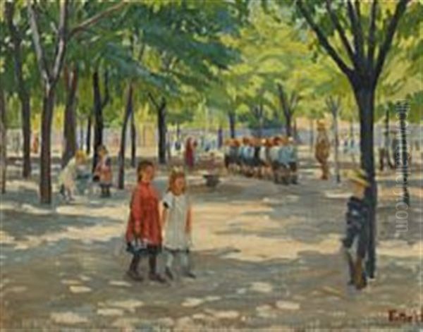 Street Scene With Children From Enghaveplads, Copenhagen Oil Painting by Peter Marius Hansen