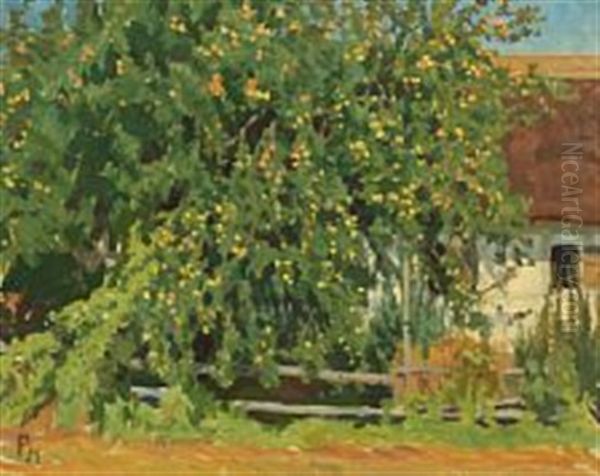 A Flowering Tree By A Thatched House Oil Painting by Peter Marius Hansen