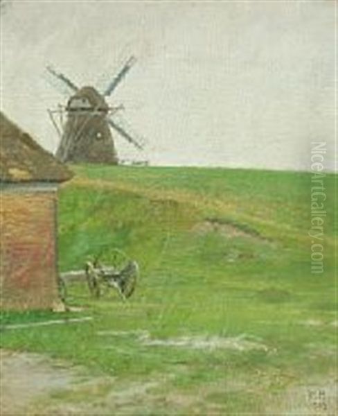 Landscape With Windmill Oil Painting by Peter Marius Hansen