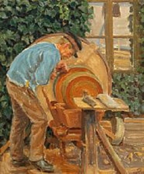 Exterior With Carpenter At The Lathe Oil Painting by Peter Marius Hansen