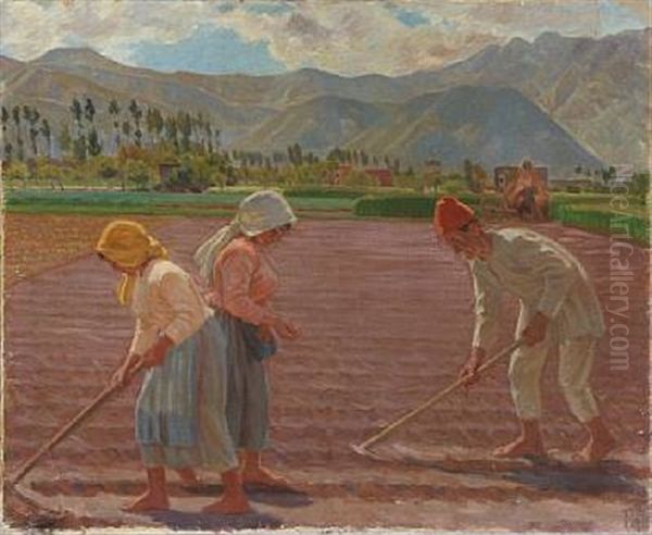 Field Workers At Brescia Near Lago Di Garda Oil Painting by Peter Marius Hansen