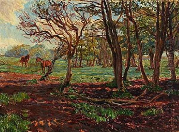 Grazing Horses At The Edge Of A Forest Oil Painting by Peter Marius Hansen