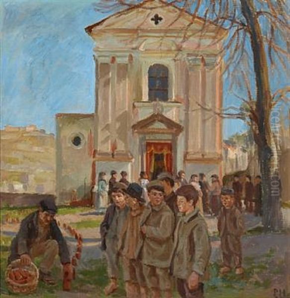 A Group Of Italian Boys In Front Of A Church Oil Painting by Peter Marius Hansen