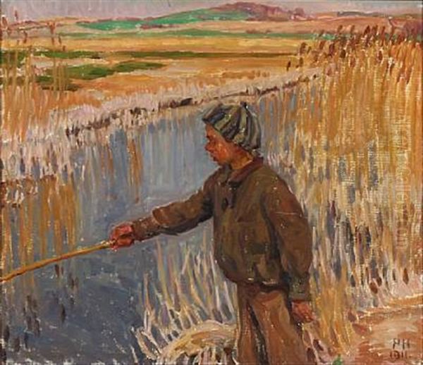 A Boy Fishing At A Stream Oil Painting by Peter Marius Hansen