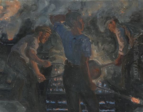 Foundry Workers Oil Painting by Peter Marius Hansen