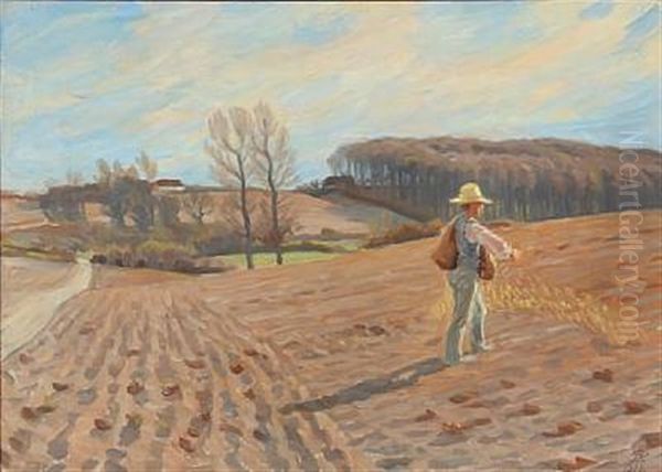 A Sower In The Field Oil Painting by Peter Marius Hansen