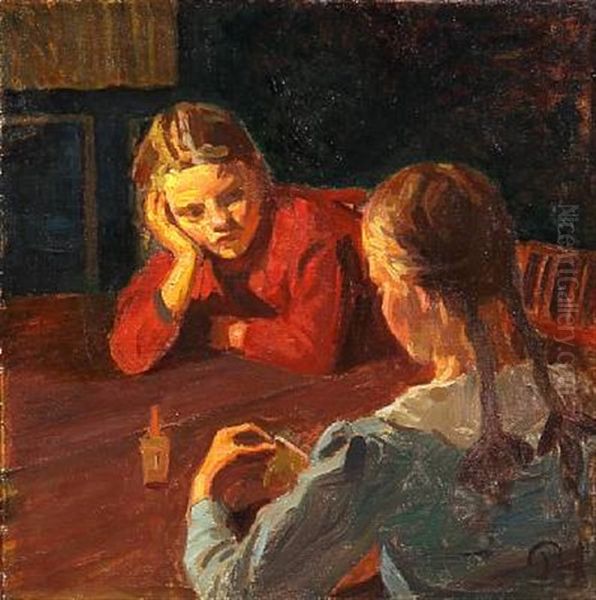 Interior With Two Girls At A Table Oil Painting by Peter Marius Hansen