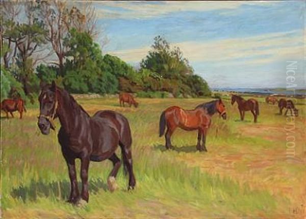 Summer Landscape With Grazing Horses Oil Painting by Peter Marius Hansen