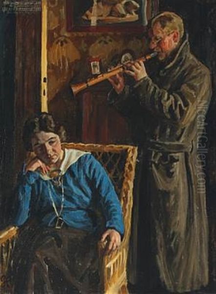 Interior, Man Playing The Clarinet To A Woman Sitting In A Wicker Chair Oil Painting by Peter Marius Hansen