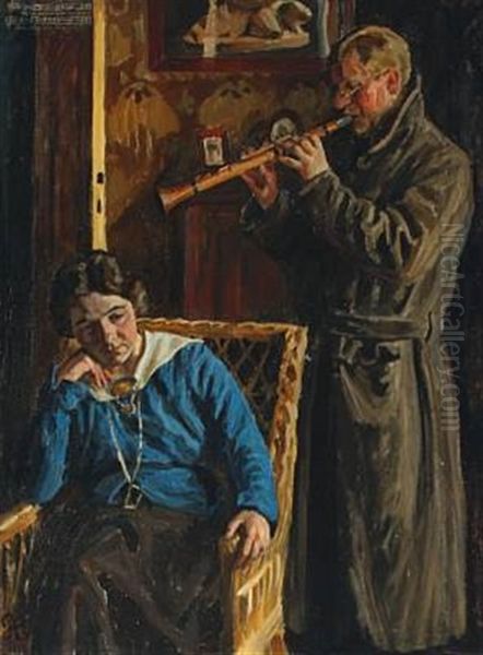 Interior, Man Playing The Clarinet To A Woman Sitting In A Wicker Chair Oil Painting by Peter Marius Hansen