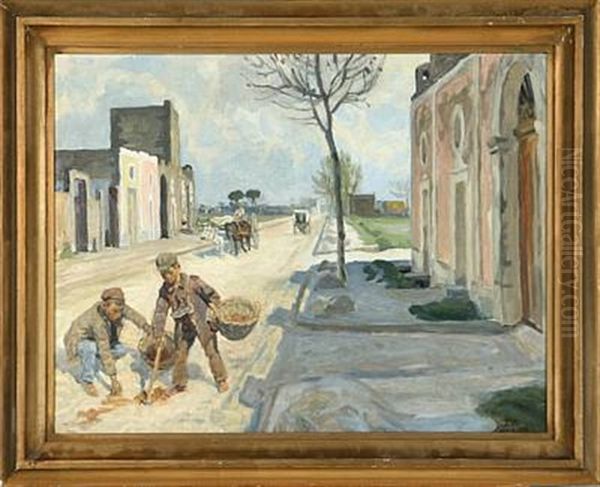 Boys Collecting Manure On The Street Of Pompei Oil Painting by Peter Marius Hansen