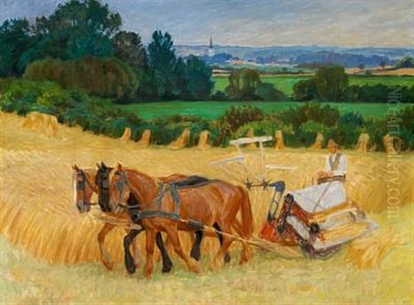 Harvest Scene With A View Of Svanninge Church, Funen Oil Painting by Peter Marius Hansen