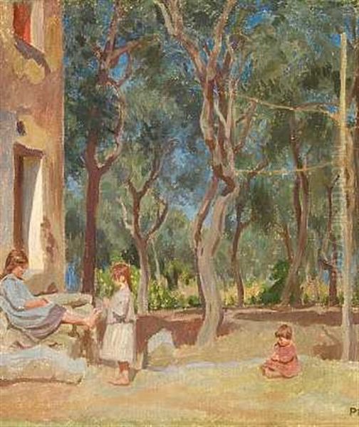 Parti I Sorrento. Smapiger Foran Et Hus Oil Painting by Peter Marius Hansen