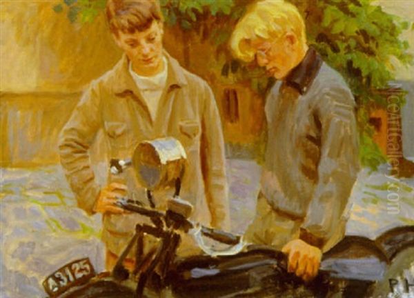 Motorcyklen Oil Painting by Peter Marius Hansen