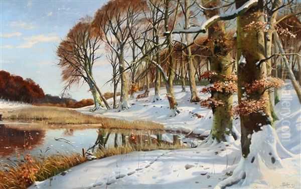 A Winter Day Near A Forest Lake Oil Painting by Sigvard Marius Hansen