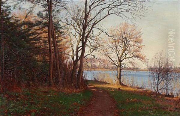 Sunny Autumn Day Near A Forest Lake Oil Painting by Sigvard Marius Hansen