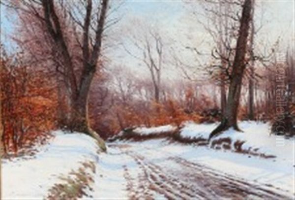 A Snow-covered Forest Lane Oil Painting by Sigvard Marius Hansen